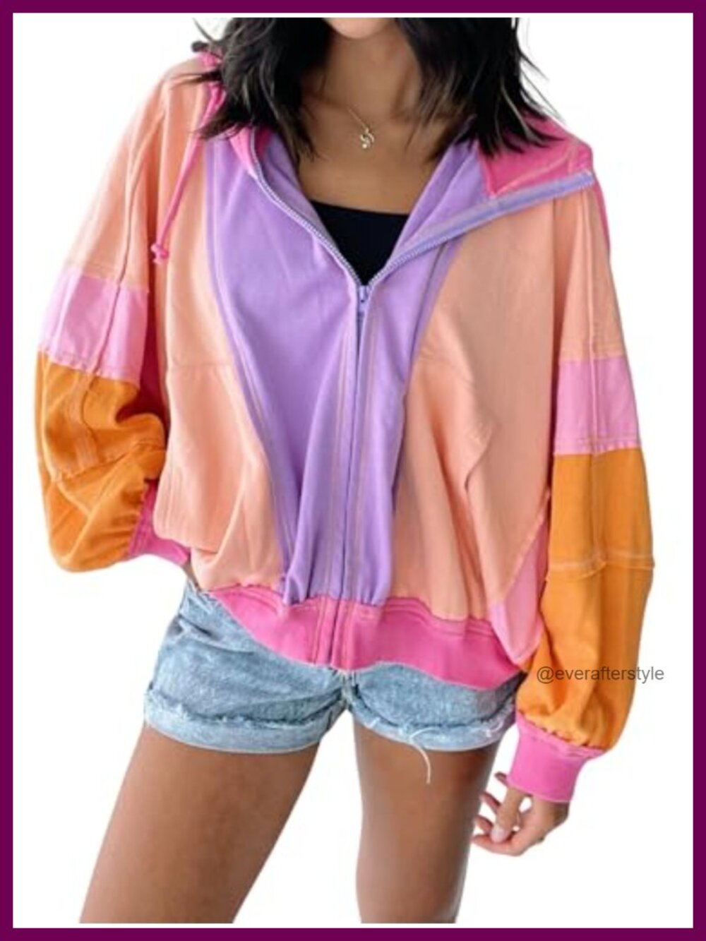 Womens Color Block Zip Up Hooded Jacket Oversized Lightweight Cotton Casual